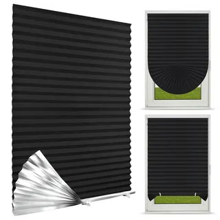 NUTKIT Plissee ohne Bohren, 90% Verdunkelung Plissee(Schwarz, 90x150cm) | Verdunkelung Doppelplissee, Sonnenschutz Thermo Plissees zum Kleben, Faltrollos für Fenster, Plisseerollo für Fenster