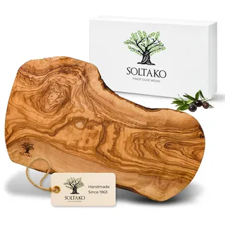 SOLTAKO "The Catania Rustic Board" Brett aus Olivenholz (40-43 cm) Olivenholzbrett Schneidebrett, Holzbrett, Frühstücksbrett, Steakbrett, Naturschnitt (40 x 17 x 2 cm)