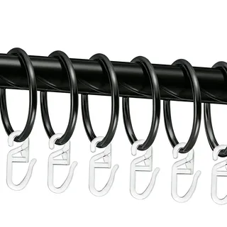 50 Stück Metall Gardinenringe und 50 Stück Kunststoff Gardinenhaken, Schwarz Vorhangringe Duschvorhangringe 32 mm Innendurchmesser (Schwarz)