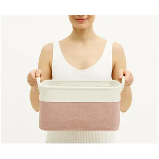 Mangata Aufbewahrungskorb aus Weichem Stoff, Kleine Aufbewahrungsbox mit Kordelgriffe, Rechteckige Behälterkörbe für Schrank, Kleiderschrank, Bad, Regal, 31 x 21 x 16 cm, Rosa und Weiß