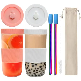 Bubble Tea Becher mit Strohhalmen 2 Stück,Smoothie Becher,Wiederverwendbare Mason Jar Glas für Getränke,Für Kaffee, Milchshakes, Säfte, Smoothies, Bier, Getränke(Rosa, weiß)