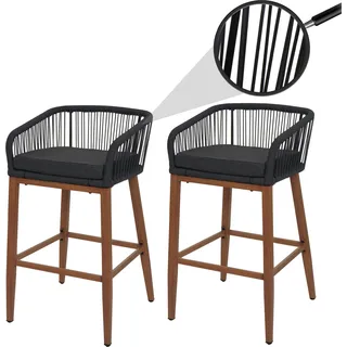 2er-Set Rope-Barhocker HWC-O22, Outdoor Sitzpolster Seilgeflecht Metall Holz-Optik anthrazit, Kissen dunkelgrau - Braun