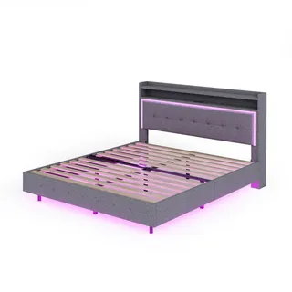 Flieks Polsterbett 140x200 cm Grau USB LED verstellbares Kopfteil , Holzwerkstoff , Schlafzimmer, Betten