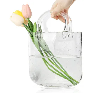 DBREAKS Glas Handtasche Vase, Tasche Glasvasen, Klare Handgemachte Vase, Kreative Bubble Handtasche Blumenvase, Geldbörsenvase(Transparent)