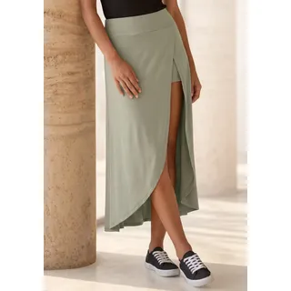 Maxirock LASCANA "mit integrierter Shorts und kleiner Tasche", Damen, Gr. 38, grün (helles khaki), Jersey, Obermaterial: 95% Viskose, 5% Elasthan, unifarben, figurumspielend knöchellang, Röcke Maxirock, langer Strandrock, luftiger Sommerrock mit Shorts, Jerseyrock, Topseller
