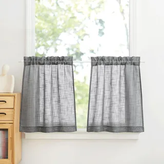 PONY DANCE Küchengardinen 2er Set Scheibengardinen Kurz Dunkelgraue Gardinen Halbtransparent B 60 x H 45 cm Leinenoptik Vorhänge Fenster Kurzgardine Küche mit Stangedurchzug
