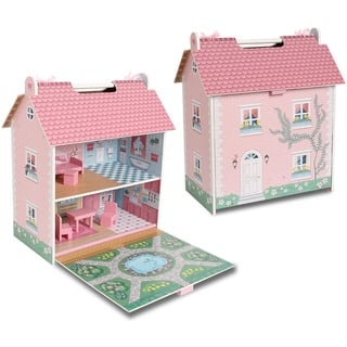 Deqube 913D00017 Puppenhaus aus Holz, 2 Etagen, mit Dachboden und Garten, mit Griffen für einfachen Transport, inklusive 7 Spielzubehör, Größe 39 x 34,5 x 18 cm