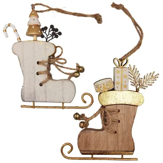 2er‐Set Schlittschuhe Wiehnachtsbaumanhänger Holz Metall Natur weiß‐Gold ca. 12‐13 cm, Weihnachtsdeko zum Aufhängen – Logbuch‐Verlag