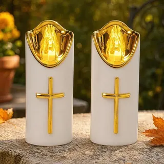 LED Grablichter für Draußen, 2 Stück LEDs Grabkerze Trauerlicht, Batteriebetriebene Grablicht, Wiederverwendbar Friedhofskerze Gedenkkerze, Friedhofskerze Gedenkkerze für Grab, Kirche, Religiöse(Weiß)
