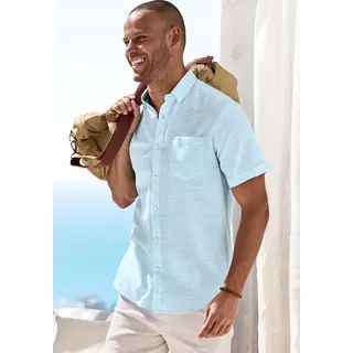 Kurzarmhemd H.I.S "sommerliches Strukturhemd", Herren, Gr. XL, N-Gr, blau (türkis), Web, Obermaterial: 100% Baumwolle, Strukturmuster, regular fit normal, Rundhals, abgesteppte Kante, Hemden Kurzarmhemd, mit dekorativem Knopfdetail am Ärmelabschluss, Topseller