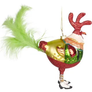 BRUBAKER Hahn im Weihnachtsanzug - Handbemalte Weihnachtskugel aus Glas - Glitzer Huhn mit Federn - Mundgeblasener Christbaumschmuck Figuren lustig Deko Anhänger Baumkugel - Bunt - 18 cm