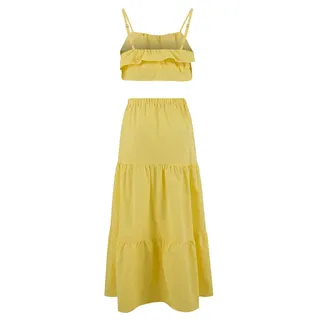 TRENDYOL Yellow Woven Ruffle Detailed Maxi Length Crop 100% Cotton Beach Blouse Skirt Set Tbess26Au00010