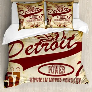 ABAKUHAUS Detroit Bettbezug, Vintage Michigan Auto, Milbensicher Allergiker geeignet mit Kissenbezügen, 200 cm x 200 cm - 80 x 80 cm, Blassgelb Burgund