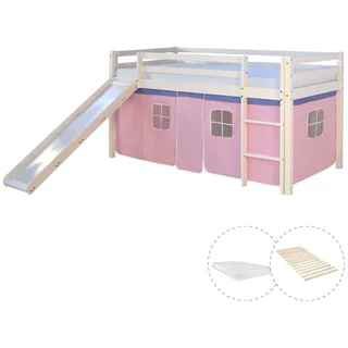 Homestyle4u Hochbett 90 x 200 cm Kiefer massiv lackiert Weiß/Rosa