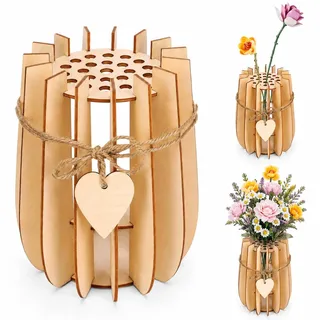 Holzvase für Klemmbaustein-Blumen, Holzpuzzle-Blumenständer, Natur | Steckraster für Rosen, Tulpen und weitere Baustein-Stiele; zerlegbar, platzsparend und als Tischdeko flexibel einsetzbar