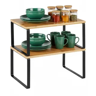 WS HOME Gewürzregal, 2er Set Küchen-Organizer – Erweiterbar & Stapelbar – Bambus & Metall Regal mit natürlichem Design, kleines Küchenregal ideal für Arbeitsplatte & Küchenschrank