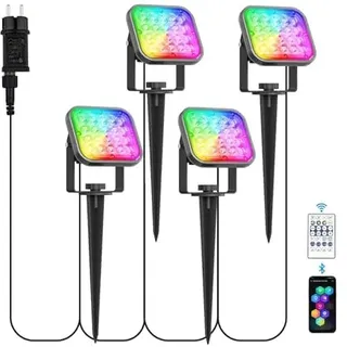 NATPOW Gartenbeleuchtung mit Strom, 4 Stück RGB Gartenleuchte mit Erdspieß, Farbwechsel Gartenstrahler mit Fernbedienung Bluetooth APP, IP65 Wasserdicht Gartenlampe für Garten Rasen Pfad Außen