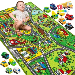 JOYIN Teppich Kinderzimmer 80x150cm mit 12 Mini Auto Spielzeug für Kinder ab 3 Jahren, Spielteppich Straße Kinderteppich, Autoteppich Junge Mädchen für Schlafzimmer & Spielzimme