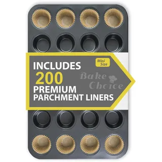 Bake Choice Mini Muffinform für 24 Cupcakes,mit 200 Natürlichen Mini-Cupcake-Förmchen,Cupcake-Formen mit Antihaftbeschichtung,Backzubehör aus Karbonstahl,für Party & Backen
