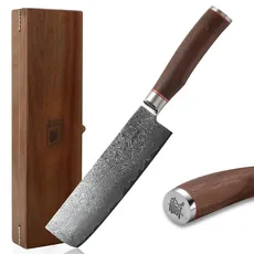 zayiko Kurumi Premium Nakirimesser mit 18 cm Klinge gefertigt aus 67 Lagen echtem Damaststahl mit Nussbaumgriff I Holzbox I Damastmesser Küchenmesser und Profi Kochmesser