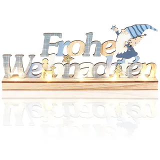 COM-FOUR com-four® LED Deko Aufsteller aus Holz - beleuchteter Schriftzug auf Holzsockel - Deko-Schriftzug zum Hinstellen für Weihnachten - Stimmungslicht mit Timer (Santa - blau + weiß)