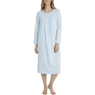 CALIDA Soft Cotton Langarm-Nachthemd Damen, Länge 110cm, aus 100% Baumwolle,sanft glänzende Satin-Paspelierung hellblau 52-54
