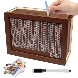 Spardose Holz, Holz Geldbank, 3000€ Sparbox mit Zähler zum Ankreuzen, Spardose mit Sparziel und Zahlen, Spardose, Sparschwein Wiederverwendbare mit Stift für Erwachsene