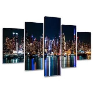 Visario Leinwandbild New York Skyline Nacht 200 x 100 cm 5-teilig Direktdruck auf Leinwand mit Holzrahmen Wandbild Kunstdruck XXL Wanddeko für Wohnzimmer Schlafzimmer Artikelnr. 6309