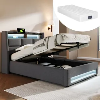 okwish LED Polsterbett 90x200 cm, Einzelbett mit USB, Jugendbett mit Metallrahmen Lattenrost, Bettgestell aus Leinen, Grau (mit Matratze) - Grau