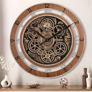 Lafocuse 53cm Vintage Wanduhr Groß mit Beweglichen Zahnrädern Braun, Holz Industrial Steampunk Uhr Retro Deko mit Arabische und Römische Ziffern, XXL Wanduhren Gross für Wohnzimmer Küche Bar