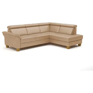 CAVADORE Leder-Ecksofa Ammerland mit Ottomane / Landhaus-Sofa mit Federkern + Kopfteilverstellung / 245 x 84 x 194 / Leder Beige