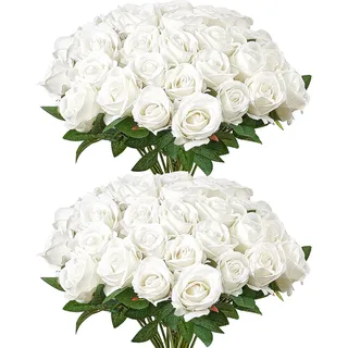 Vevor Künstliche Blumen Rosen, 60 Stück Kunstblumen, Weiße Gefälschte Rose mit Stielen, Schaumrosen für DIY Hochzeit Blumensträuße Braut Valentinstag Muttertag Zuhause Dekoration