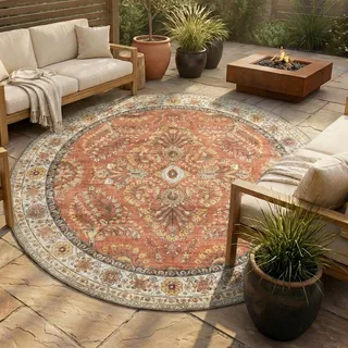 Vintage Gartenteppich Rund - Santo Flora Terrakotta - Ø 100 cm - Balkon, Garten / Terrasse - FRAAI | Home & Living - Orientalisch - Bronze, Orange
