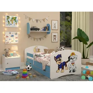 Happy Babies Kinderbett mit Rausfallschutz Junge 140x70 Bett für Kinderzimmer mit Schublade Matratze Einzelbett für Kinder Blau Hundemotiv - Blau