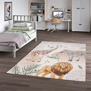 Pergamon Kinder Teppich Maui Kids Giraffe Zebra Löwe - Bunter Teppich mit Tiermotiven für Kinderzimmer, Pflegeleicht und Strapazierfähig, Ideal für kleine Abenteurer und Tierfreunde