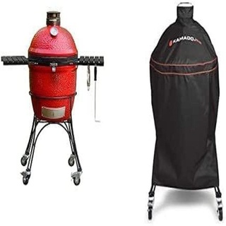 Kamado Joe - Klassisch Joe II 18-Zoll-Holzkohlegrill in Rot mit Wagen, Seitenablagen, Grillzange und Aschenbecher + KJ-GC23BWFS Grillabdeckung, schwarz