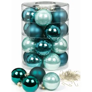 Inge Glas Weihnachtskugeln mit Haken | Schöne Christbaumkugeln aus Glas | Set 20 Kugeln und 40 Aufhänger | Christbaumschmuck Weihnachtsbaumkugeln (Green Emerald)