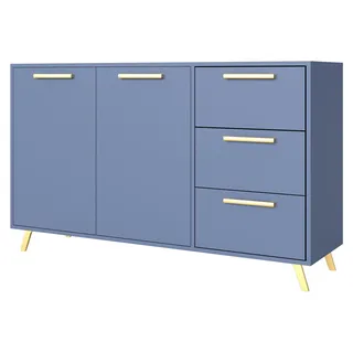 Masseno Kommode ELISE 140 cm Sideboard mit 3 Schubladen und 2 Türen für Wohnzimmer Schlafzimmer Modern 140x41x86 cm Blau - Blau