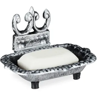 Relaxdays Seifenschale, antikes Design, eckiger Seifenhalter aus Gusseisen, nostalgisch, Seifenablage mit Ablauf, silber,