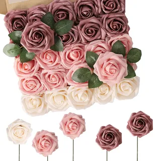 N&T NIETING Künstliche Blumen Rosen, 50 Stück Real Touch Rose Blume mit Stielen für DIY Hochzeitssträuße Brautdusche Tafelaufsätze Blumenarrangements Partytische Heimdekorationen, Gemischtes Rosa