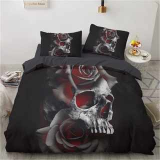 Luowei Bettwäsche Totenkopf 135x200 2teilig Schädel Rosen Gothic Halloween Bettbezug Set Weiche Komfort Microfaser Bettwäsche mit Reißverschluss und 80x80 cm Kissenbezug