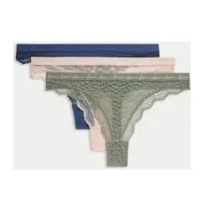 Womens M&S Collection 3pk Mesh & Lace Thongs - Dusty Green, Dusty Green - 14