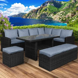 Poly-Rattan Eck Sitzgruppe ECO schwarz/blau - Schwarz, Blau