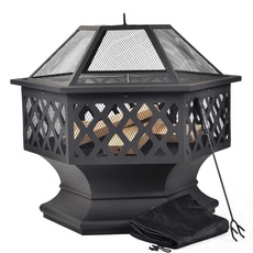 Feuerstelle mit Grillrost, Feuerschale mit Funkenschutz Fire Pit für BBQ, Heizung, Garten Terrasse Metall Feuerkorb 3 in 1 Feuerstelle im Freien (Hexagonal Feuerstelle