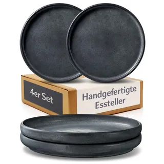 Cosumy 4er Speiseteller Set aus Steingut Ø26 cm – Handgefertigte Essteller Schwarz – Elegantes Geschirr Set 4 Personen – Mikrowellen- & Spülmaschinenfest Geschirrset – Dinner Teller Set 4 Stück