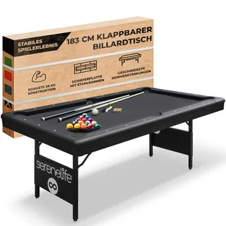 SereneLife 6-Fuß Klapp-Pooltisch – Tragbarer Billardtisch – Inklusive 2 Queues, vollständigem Ballset, Kreide, Bürste – Klappbarer Pooltisch für Kinder und Erwachsene (Schwarz)