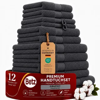 Betz Premium Handtuch-Set 12-teilig – 100% Baumwolle – Oeko-TEX® Zertifiziert – extra saugfähig & weich – hohe Grammatur – Duschtücher, Handtücher, Gästetücher & Waschhandschuhe - Farbe Graphit
