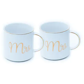 Intirilife Kaffeetasse mit Goldrand und Aufschrift Mrs & Mr 300 ml (2-tlg.) , Weiß , Keramik , 2-teilig , 0.3 L , leicht zu reinigen , Geschirr, Tassen, Kaffeetassen