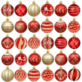 30 Stück 15 Designs Weihnachtskugeln Weihnachtsdeko Set,60mm Kunststoff Weihnachtsbaumkugeln mit Aufhänger Christbaumkugeln Plastik Bruchsicher,Weihnachtsbaumschmuck (Rot Gold)