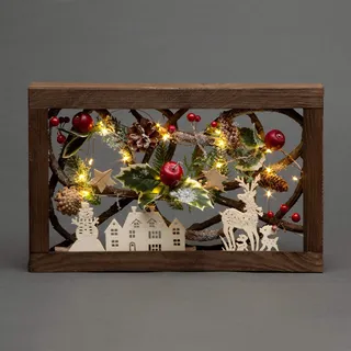 SHATCHI 40 cm LED vorbeleuchtet mit Blättern, Tannenzapfen, Beeren, 3D nordische Weihnachtsszene, rechteckige Form, Holzrahmen, Tischdekoration, Weihnachtsdekoration, Geschenke